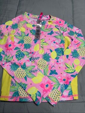 Kids Pineapple Floral Long-Sleeve Rash Guard - Pink & Yellow